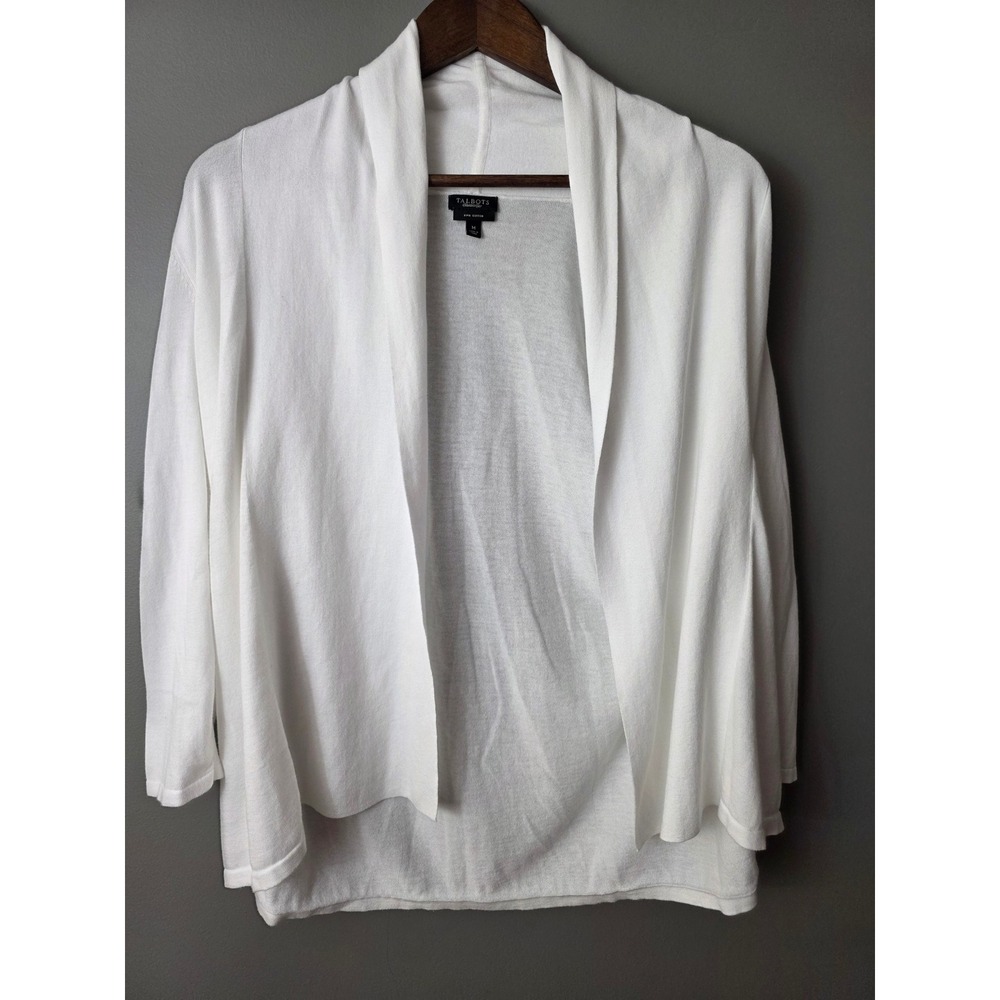 Talbots White Pima Cotton Open Front Shawl Collar Cardigan Sweater Medium